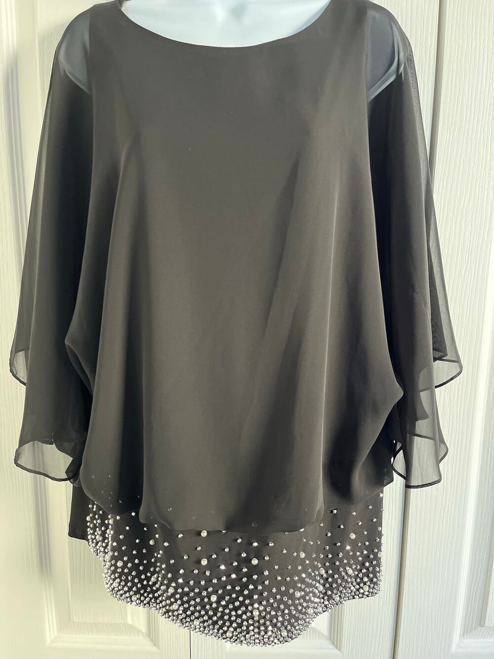 CB Established 1962 Black Chiffon Overlay Batwing Top 1X Plus Rhinestone Hem